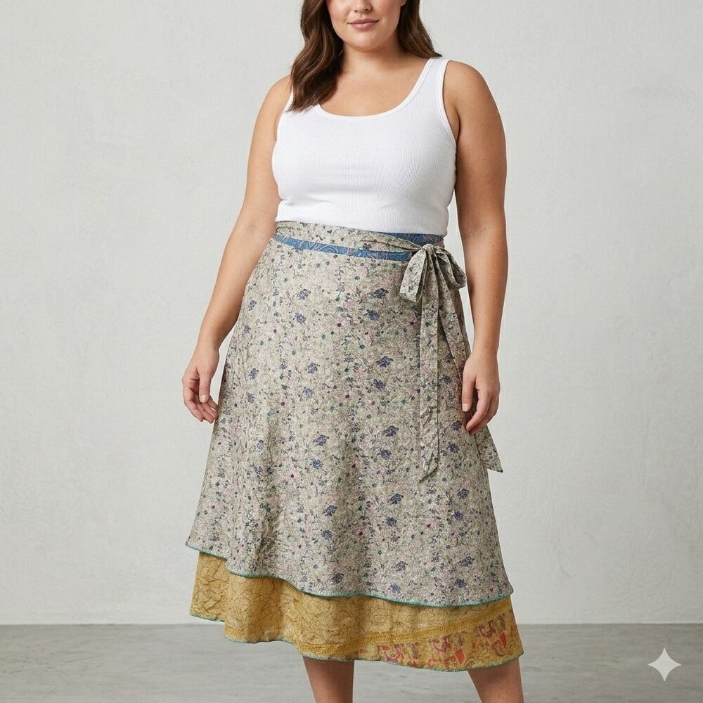 Darn Good Yarn Silk Boho Wrap Midi Skirt Layered Bohemian Size L / XL Artsy